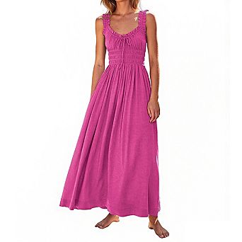 Women's Sleeveless Maxi Dress with Ruffled Shoulder Straps Smocked Bodice and Front Tie