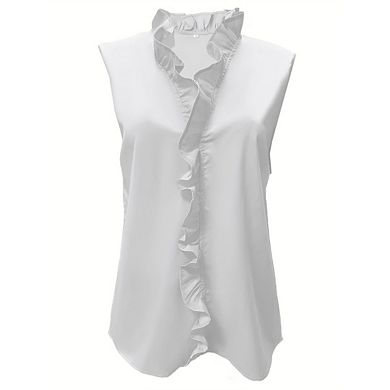 Women's Sleeveless V-Neck Front Ruffle Blouse Beach Flowing Tank Top Solid Color Loose Blouse