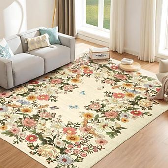 Rugs for Living Room 8x10, Washable Floral Area Rug Non Slip Soft, Low Pile Ultra-Thin Carpet