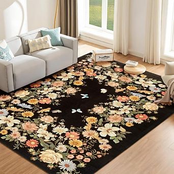Rugs for Living Room 8x10, Washable Floral Area Rug Non Slip Soft, Low Pile Ultra-Thin Carpet