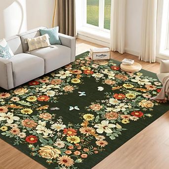 Rugs for Living Room 8x10, Washable Floral Area Rug Non Slip Soft, Low Pile Ultra-Thin Carpet