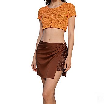 Women's Satin Mini Wrap Skirt Cover Up Side Twist Detail Lace Inset Design Skirts