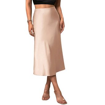 Women Midi Skirt Casual Dressy High Waist Zipped Solid Flowy Silk Business Party Long Skirt