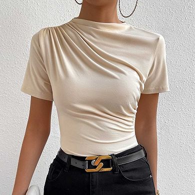 Women's Mock Neck Ruched Fitted T-Shirt, Short Sleeve Slim Fit Basic Tee Top