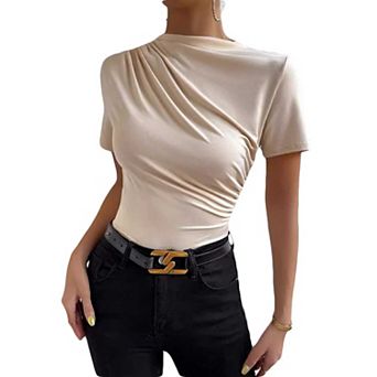 Women's Mock Neck Ruched Fitted T-Shirt, Short Sleeve Slim Fit Basic Tee Top