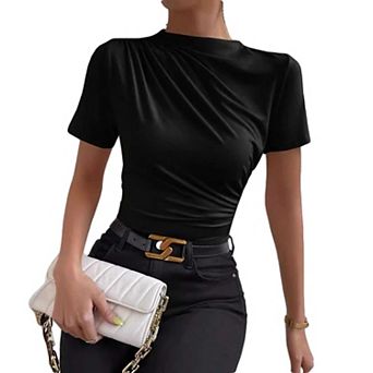 Women's Mock Neck Ruched Fitted T-Shirt, Short Sleeve Slim Fit Basic Tee Top