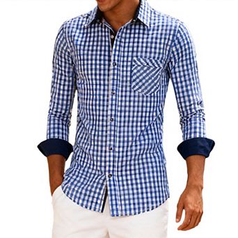 Men's Gingham Check Long Sleeve Button Down Shirt Casual Slim Fit Dress Shirt with Contrast Collar