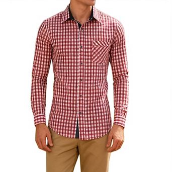Men's Gingham Check Long Sleeve Button Down Shirt Casual Slim Fit Dress Shirt with Contrast Collar