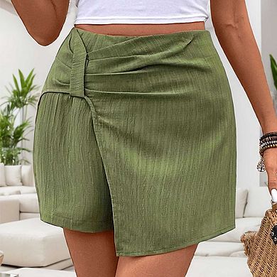 Women's High Waisted Wrap Skort, Ruched Cross Over Textured Casual Skirt Shorts