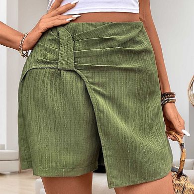 Women's High Waisted Wrap Skort, Ruched Cross Over Textured Casual Skirt Shorts