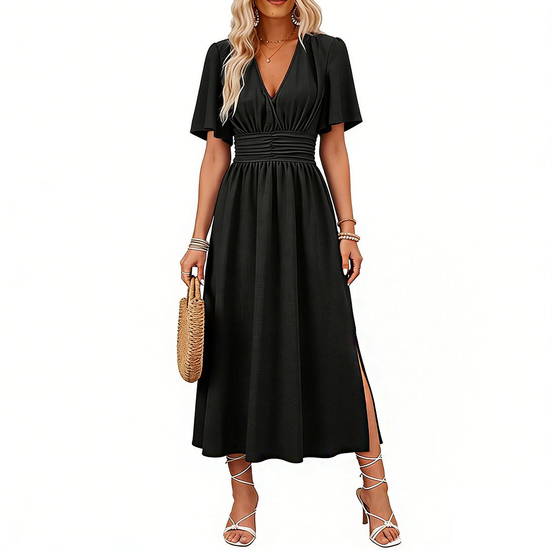 Женские платья V Neck Flutter Sleeve Elegant Midi Dress with Smocked Waist and Side Slit Detail