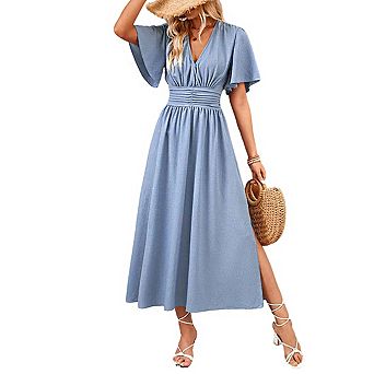 Women's V Neck Flutter Sleeve Elegant Midi Dress with Smocked Waist and Side Slit Detail