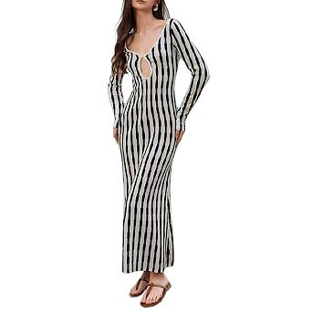 Womens Summer Maxi Dress Striped Cut Out V Neck Long Sleeve Knit Cover Up Beach Dresses