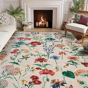 5x7 Area Rug for Living Room, Floral Washable Rugs Low Pile, Soft Non Slip Vintage Carpet