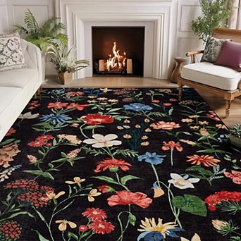 5x7 Area Rug for Living Room, Floral Washable Rugs Low Pile, Soft Non Slip Vintage Carpet