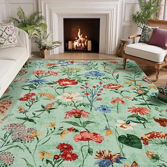 5x7 Area Rug for Living Room, Floral Washable Rugs Low Pile, Soft Non Slip Vintage Carpet