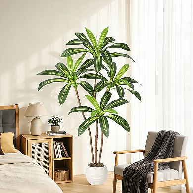 Realistic Artificial Dracaena Tree with Natural Wood Trunk, Tall Faux Yucca Plant for Home Decor
