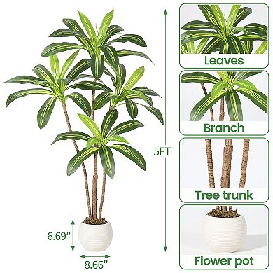 Realistic Artificial Dracaena Tree with Natural Wood Trunk, Tall Faux Yucca Plant for Home Decor