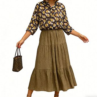 Women's Two Piece Outfit Printed Button Down Blouse and Tiered Maxi Skirt Set
