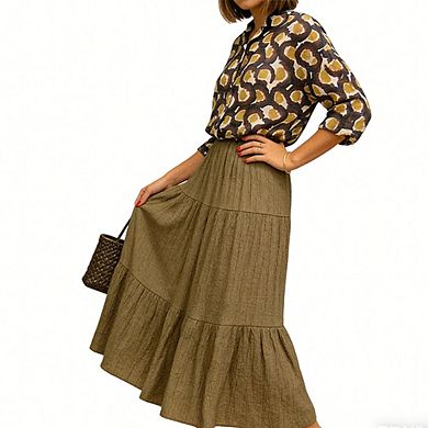 Women's Two Piece Outfit Printed Button Down Blouse and Tiered Maxi Skirt Set