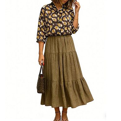 Women's Two Piece Outfit Printed Button Down Blouse and Tiered Maxi Skirt Set
