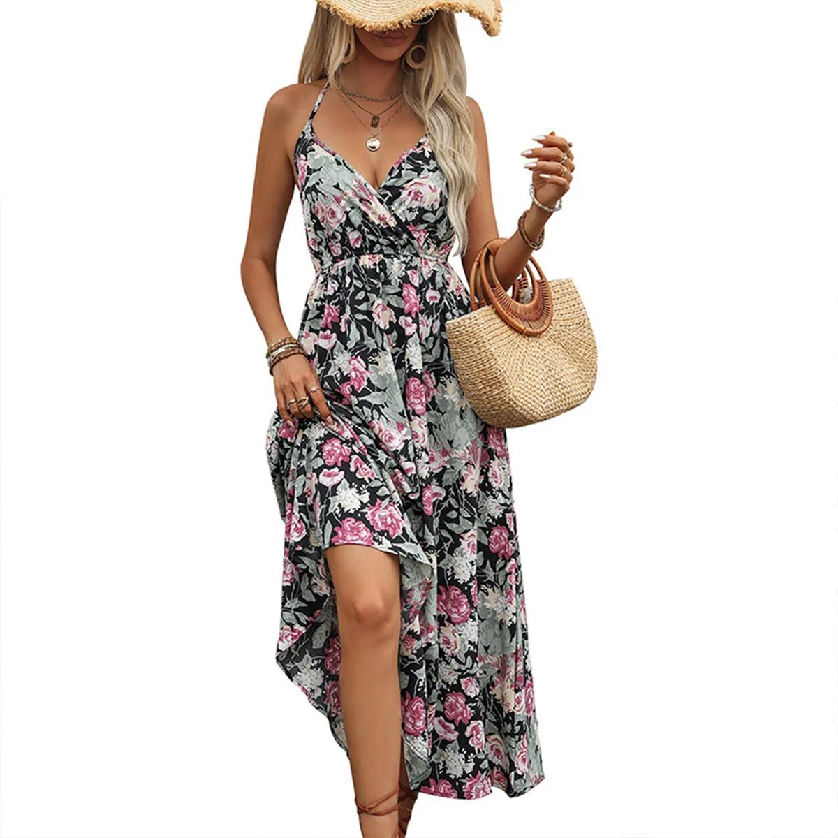 Женские платья Summer Dresses Casual V Neck Sleeveless Floral Vacation Spaghetti Strap Flowy Maxi Dress