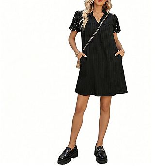 Women's V Neck Shift Dress Beaded Puff Sleeve Casual Mini Dress