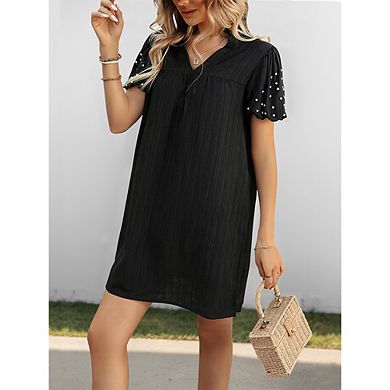 Women's V Neck Shift Dress Beaded Puff Sleeve Casual Mini Dress