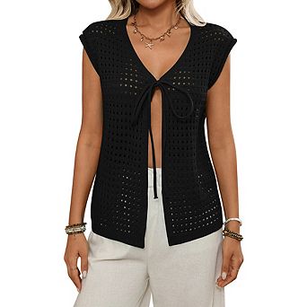 Women Hollow Knit Short Sleeve Cardigan Tie Waist Cover Up for Vacation Beach Fashion Outerwear Top