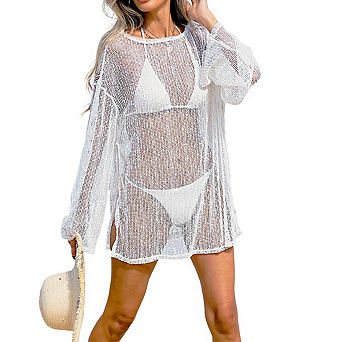 Women's Long Sleeve Open Knit Swim Cover Up with Side Slit and Back Tie Detail