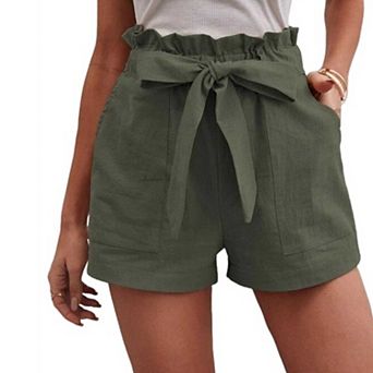 Women's Linen Blend High Waisted Paperbag Shorts with Pockets, Casual Tie Waist Shorts