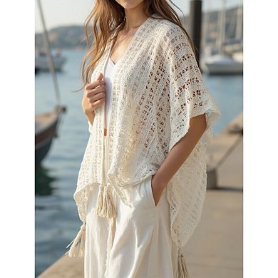 Women's Boho Knitted Cape Shawl Bikini Swimsuit Crochet Cover-up Solid Color Sun Protection Cape