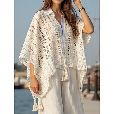Women's Boho Knitted Cape Shawl Bikini Swimsuit Crochet Cover-up Solid Color Sun Protection Cape
