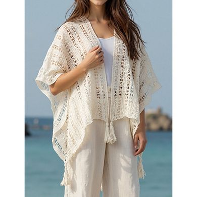 Women's Boho Knitted Cape Shawl Bikini Swimsuit Crochet Cover-up Solid Color Sun Protection Cape