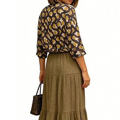 Women's Two Piece Outfit Printed Button Down Blouse and Tiered Maxi Skirt Set
