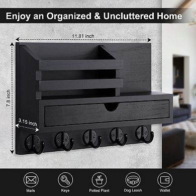 Wall Mount Key Mail Holder with Drawer and 5 Hooks Entryway Organizer