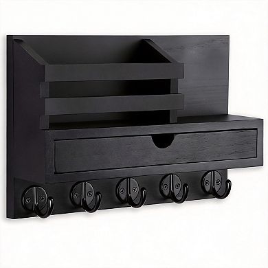 Wall Mount Key Mail Holder with Drawer and 5 Hooks Entryway Organizer