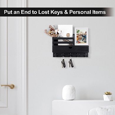 Wall Mount Key Mail Holder with Drawer and 5 Hooks Entryway Organizer