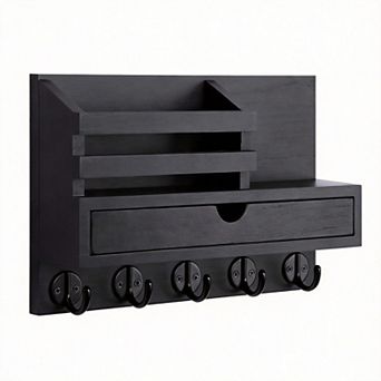 Wall Mount Key Mail Holder with Drawer and 5 Hooks Entryway Organizer