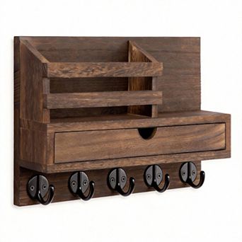 Wall Mount Key Mail Holder with Drawer and 5 Hooks Entryway Organizer