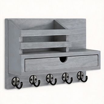 Wall Mount Key Mail Holder with Drawer and 5 Hooks Entryway Organizer