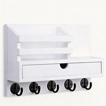 Wall Mount Key Mail Holder with Drawer and 5 Hooks Entryway Organizer