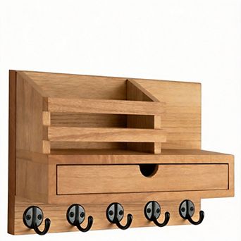 Wall Mount Key Mail Holder with Drawer and 5 Hooks Entryway Organizer