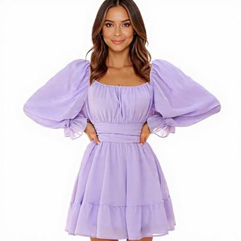 Flowy Tie Back Mini Dress with Lantern Sleeves