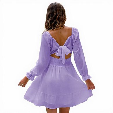 Flowy Tie Back Mini Dress with Lantern Sleeves