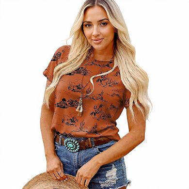 Women's Western Print Crew Neck Tee