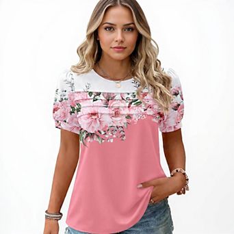 Women's Puff Sleeve Floral Tunic Blouse