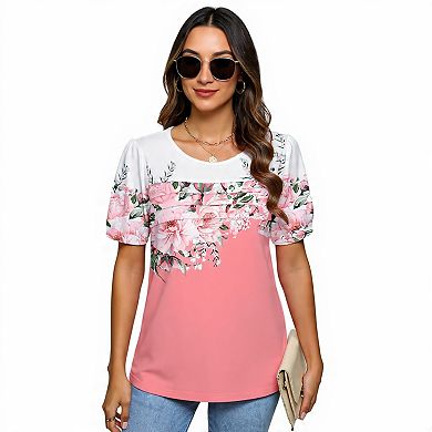 Women's Puff Sleeve Floral Tunic Blouse