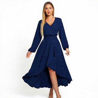 Women’s High-Low Floral Maxi Dress with Long Sleeves