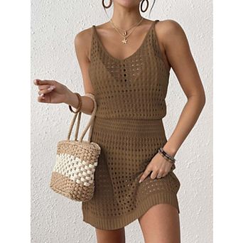 Women Crochet Swim Cover Up Dress Sleeveless V Neck Bathing Suit Beach Cover Up